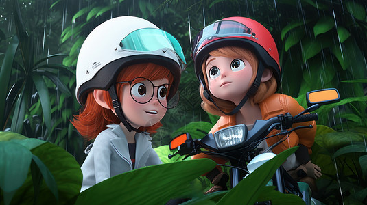 下雨两个戴头盔的卡通小朋友在树林中探险背景图片