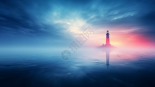 傍晚海面上的迷雾中一座灯塔背景图片