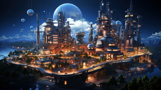 夜晚科幻灯火通明的立体卡通科幻城市图片