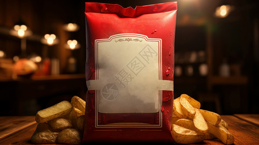 零食袋子样机在桌子上的诱人的薯条包装设计图片