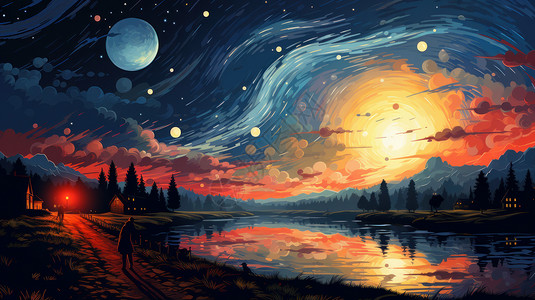 景色迷人夕阳下美丽的湖边迷人的卡通星空景色插画