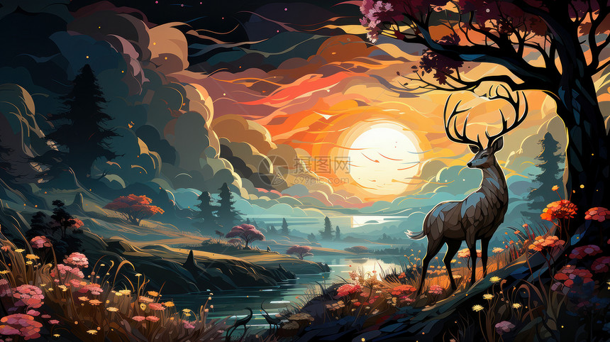 傍晚美丽的森林湖边一只鹿卡通风景图片