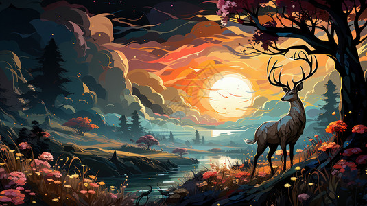 湖边的鹿傍晚美丽的森林湖边一只鹿卡通风景插画