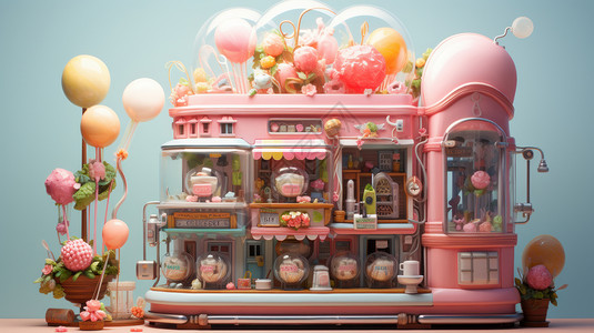 粉色立体卡通双层糖果商店背景图片