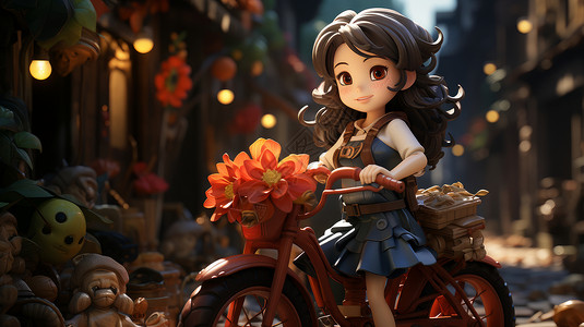 长发立体卡通女孩骑着自行车带着花朵在街道上图片
