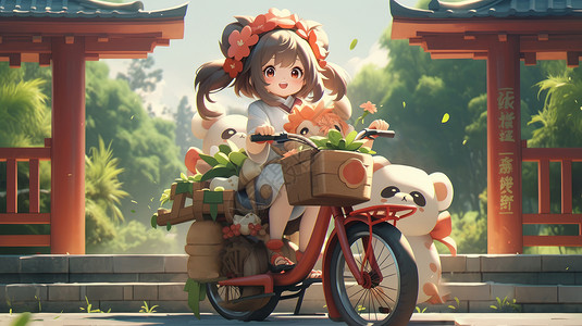 带着宠物骑自行车开心笑的卡通女孩背景图片