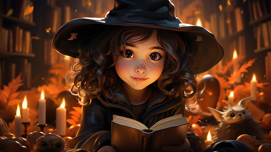 卡通魔法书戴着小巫女帽子在书房看书的卡通小女孩插画