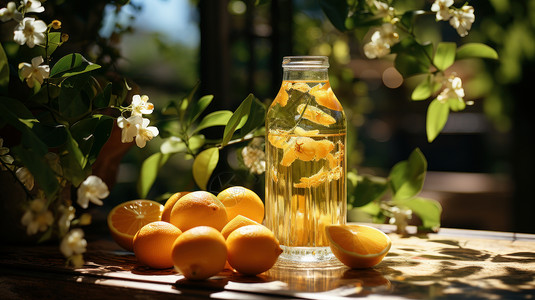 新鲜饮品果汁夏日饮品桌子上放着鲜橙水与橙子插画