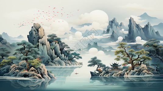 千里江山素材大气唯美的国风山水画水环绕着山插画