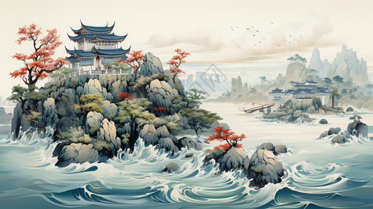 惠州高榜山波涛汹涌的河边险峻的高山上一座古风建筑插画