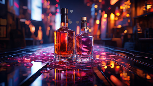 威士忌酸夜晚梦幻的灯光湿漉漉的桌面上放着两瓶酒插画
