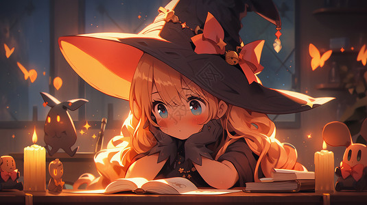 魔女帽夜晚在烛光下看书的卡通小女巫插画