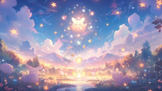 天上的星星天上唯美发光的卡通宠物与星星森林中萌宠卡通乐园插画