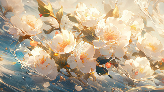 唯美橙白色花朵水中梦幻插画背景图片