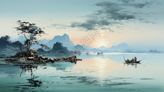 千湖岛平静的湖面上一艘小船即将落山水墨风插画