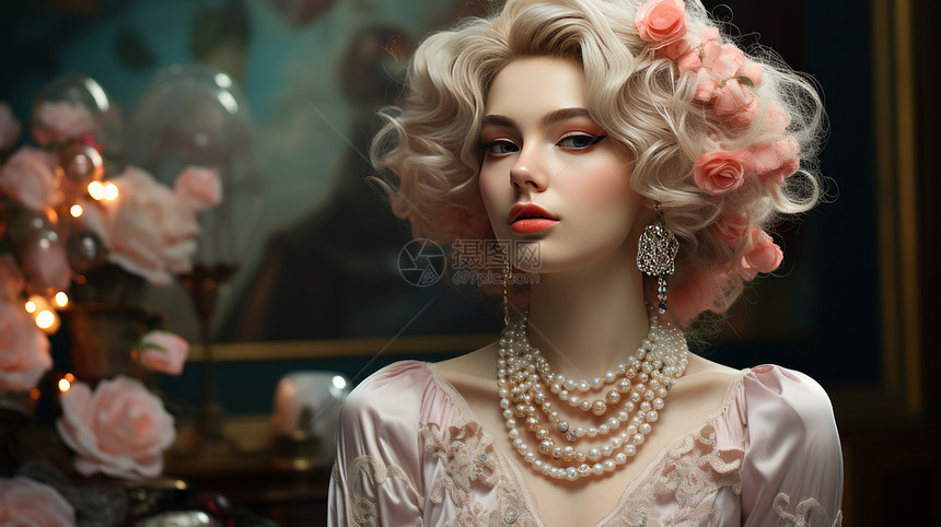 华丽装扮戴着珍珠项链的金色卷发女人图片