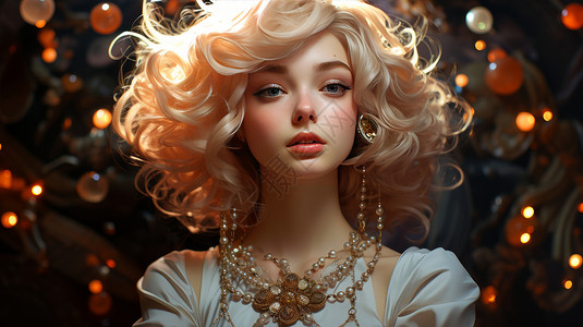 时尚的金色卷发女人戴着华丽的项链图片
