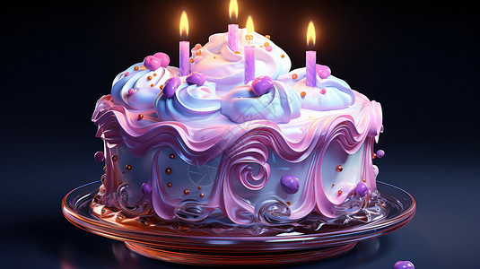 在盘子中点燃蜡烛的精致卡通蛋糕背景图片