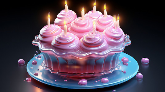 蓝色盘子上点燃蜡烛可爱美味的粉色立体卡通奶油蛋糕背景图片