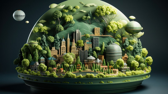 绿色树木山林中立体欧式复古卡通城市小岛图片