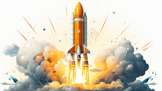 浓烟滚滚正在发射的橙色卡通火箭背景图片