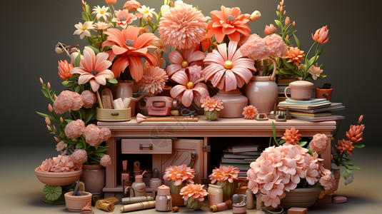 柜子上摆满各种盆栽开满美丽的粉色卡通花朵背景图片