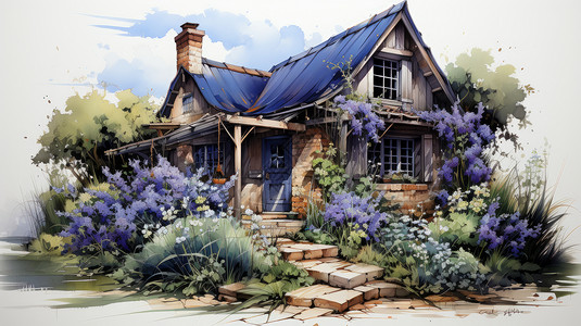 紫色屋顶房前屋后开满鲜花的卡通水彩木屋背景图片