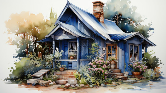水彩风森林中的唯美小清新蓝色小木屋背景图片