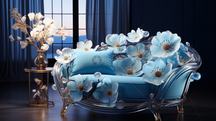 白色美丽的花朵环绕着立体蓝色真皮沙发图片