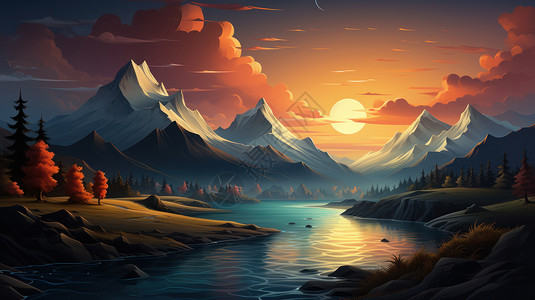 高高的雪山与清澈的河流与晚霞相伴唯美卡通风景图片