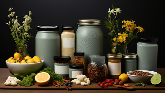 香料植物在桌子上摆放的密封的瓶瓶罐罐与香料水果设计图片