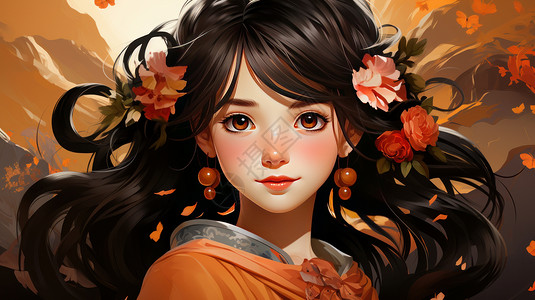 头戴花朵穿橙色衣服的暖色调卡通女孩图片