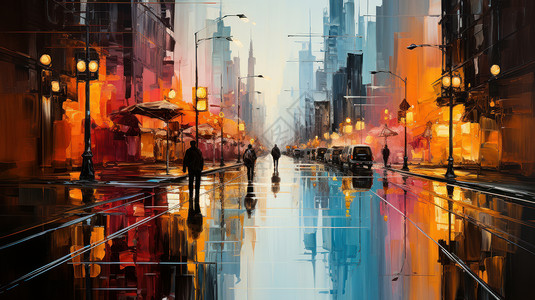 雨后湿漉漉的时尚城市街道水彩风高清图片
