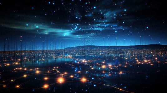 科幻神秘大地与天空的科技感发光粒子背景图片