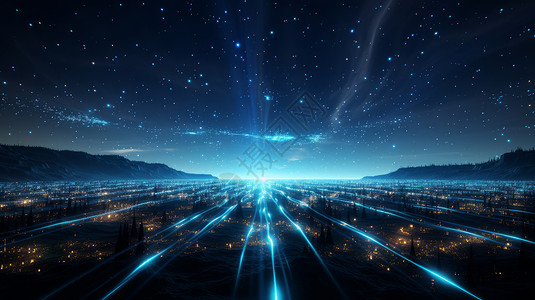 科幻夜晚天空与大地之间神秘的发光蓝色粒子高清图片