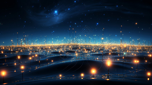 科技城市粒子科幻夜晚大地上满满的黄色发光粒子插画
