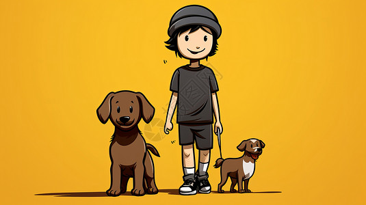 潮流儿童戴着帽子的卡通男孩与两只狗在散步插画