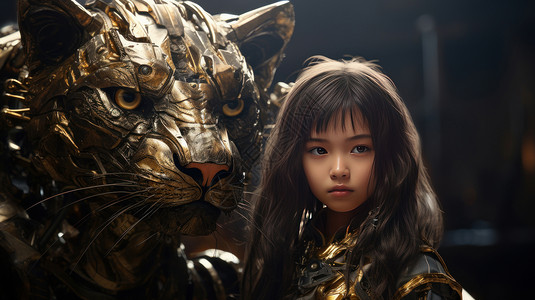 科幻穿金色盔甲的女孩与巨型盔甲老虎图片