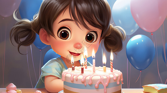 开心的卡通小女孩准备过生日吃蛋糕图片