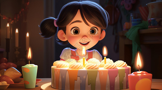开心过生日的卡通女孩看着生日蜡烛背景图片