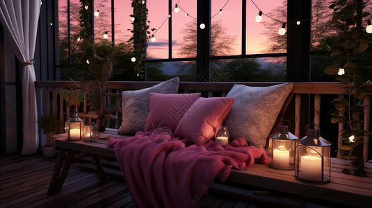 简欧木地板客厅傍晚阳台木椅上亮着户外灯与温馨的抱枕和毯子插画