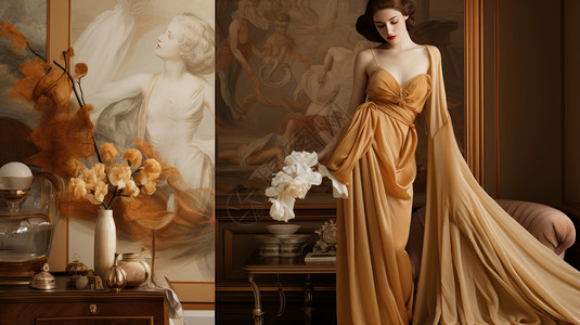 美女艺术照片优雅时尚的复古美女站在客厅中插画