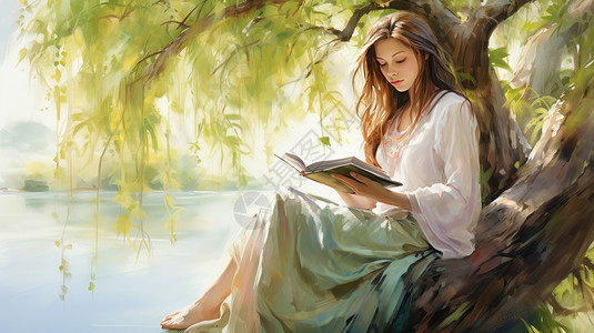 读书美女人物安静的在湖边树上看书卡通美女插画
