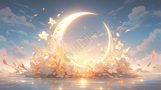 月亮发光的新月花朵插画高清图片