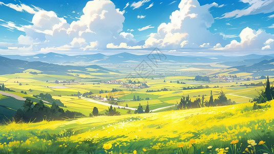 绿色山村山坡上美丽的小黄花与远处的小山村卡通风景插画