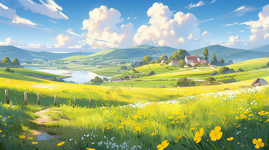 黄色小清新背景高高的云朵下美丽的小山坡上几个小村庄卡通风景插画