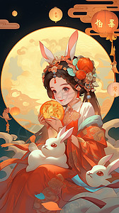 中秋节卡通可爱嫦娥小仙女和玉兔背景图片