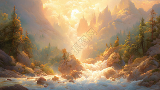 梦幻唯美高高的山中一条汹涌澎湃的瀑布卡通风景图片