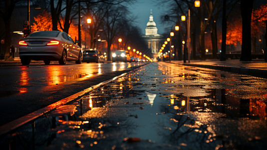 夜晚城市灯火通明湿漉漉的街道图片