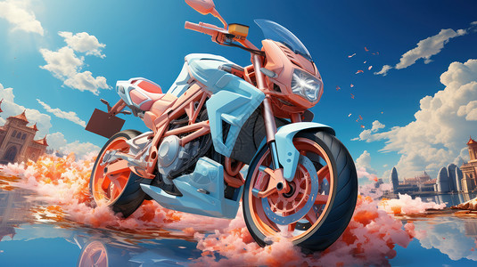 在湖面上的炫酷的立体卡通摩托车背景图片